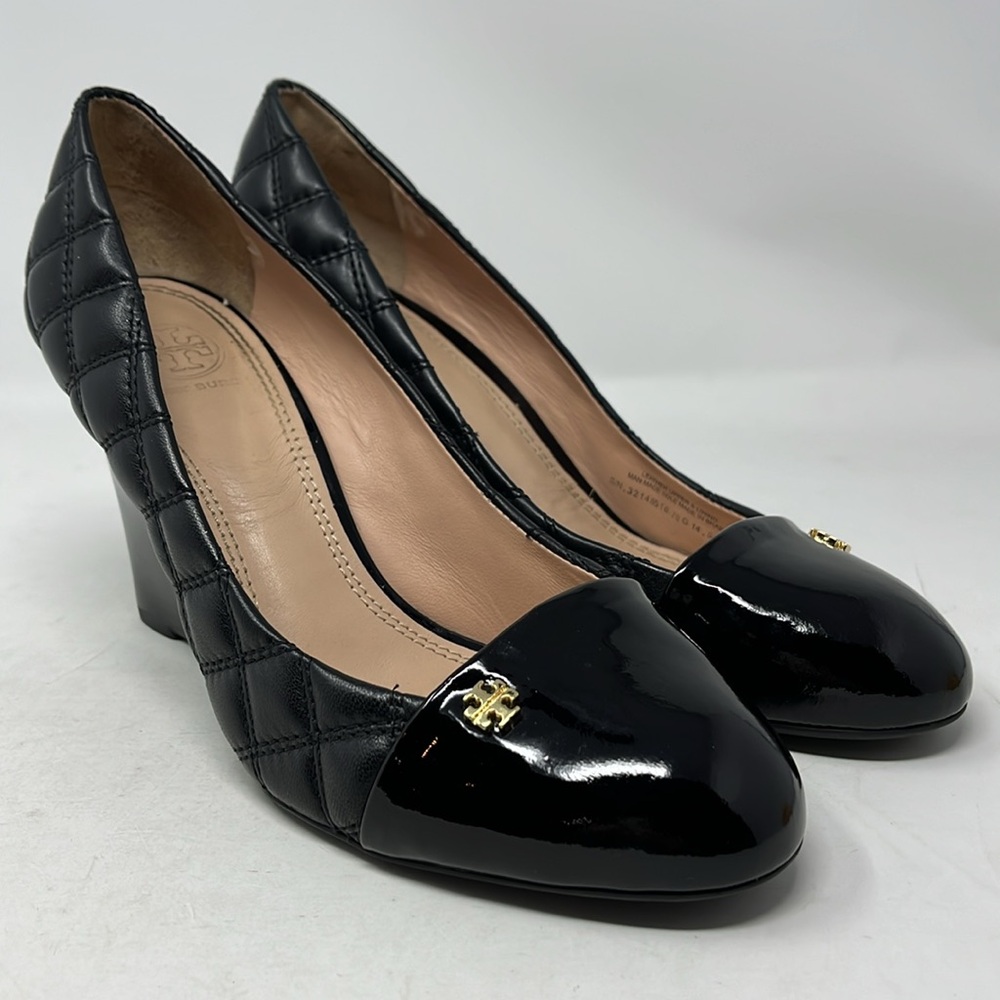 Tory Burch Black Quilted Leather Wedge Pumps - Picture 7 of 16